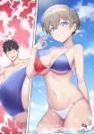  1boy 1girl absurdres bikini blue_eyes blue_sky breasts chinese_commentary clouds collarbone commentary_request condensation_trail cowboy_shot dated day grey_hair grin highres large_breasts looking_at_viewer mismatched_bikini outdoors sakurai_shinichi short_hair signature sky smile solo_focus swimsuit uzaki-chan_wa_asobitai! uzaki_hana water yoru_sei 