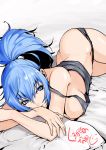 1girl absurdres ass bangs bed_sheet blue_hair breast_press breasts butt_crack crossed_arms highres kurogane_naoto_(churushiko) large_breasts leona_heidern lying on_stomach pillow ponytail signature sleeveless solo the_king_of_fighters underwear