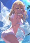  1girl absurdres ass ball bare_arms bare_shoulders beachball bikini bird blonde_hair blue_eyes blue_sky breasts closed_mouth clouds commission day fairy_wings from_side hair_between_eyes highres lily_white long_hair looking_at_viewer lunateelf medium_breasts outdoors sky solo summer swimsuit touhou transparent_wings white_bikini wings 
