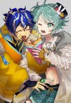  2boys ^_^ ^o^ absurdres anger_vein astel_leda blonde_hair blue_hair bodysuit closed_eyes coat commentary_request food green_eyes green_hair highres holostars ice_cream jacket kagami_kira long_sleeves male_focus messy_hair midriff multicolored_hair multiple_boys navel ohita_hio one_eye_closed open_mouth otoko_no_ko short_hair skirt two-tone_hair v-shaped_eyebrows virtual_youtuber yellow_coat 