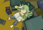  1girl 330_design barefoot book cowlick from_above glasses graphite_(medium) green_eyes green_hair hagane_orchestra highres looking_up one_eye_closed open_mouth reading solo squinting traditional_media 