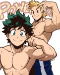  2boys abs bara blonde_hair blue_eyes boku_no_hero_academia chest freckles green_eyes green_hair highres kuroshinki male_focus midoriya_izuku multiple_boys nipples pectorals shirtless short_hair smile toned toned_male toogata_mirio 