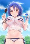  1girl antenna_hair bikini blush breasts brown_eyes cai_geng can commentary_request eyebrows_visible_through_hair food highres idolmaster idolmaster_million_live! jewelry large_breasts long_hair looking_at_viewer meat navel necklace purple_hair see-through shirt side-tie_bikini skewer soda_can solo striped striped_bikini sweat swimsuit swimsuit_under_clothes tied_shirt toyokawa_fuuka wet 