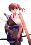  1girl absurdres arrow_(projectile) black_legwear blue_hakama bow_(weapon) breasts brown_eyes brown_hair cowboy_shot flight_deck gloves glowing glowing_eyes hakama hakama_skirt highres holding holding_bow_(weapon) holding_weapon japanese_clothes kaga_(kantai_collection) kantai_collection large_breasts long_hair muneate partly_fingerless_gloves remodel_(kantai_collection) short_sidetail side_ponytail simple_background single_glove solo standing tasuki thigh-highs user_wkgs2522 weapon white_background yugake yumi_(bow) 