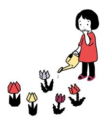  1girl black_hair black_legwear covering_mouth dot_nose dress hand_over_own_mouth hand_up hirasawa_minami holding holding_watering_can looking_down origami original purple_footwear red_dress sandals short_hair short_sleeves simple_background solo standing watering_can white_background 