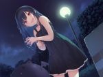  1girl black_dress black_hair dress hairband hands_together lamppost long_hair looking_at_viewer night night_sky open_mouth original outdoors pokachu red_eyes ribbon sky sleeveless sleeveless_dress smile solo star_(sky) 