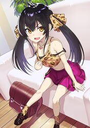  1girl animal_print bangs bare_shoulders black_hair blush breasts collarbone couch heart heart_necklace highres idolmaster idolmaster_cinderella_girls legs leopard_print long_hair looking_at_viewer matoba_risa muunyan_(yumenekoya) open_mouth pink_skirt print_camisole print_ribbon ribbon sitting skirt small_breasts twintails yellow_eyes 