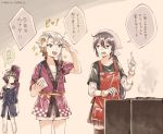  3girls ahoge akebono_(kantai_collection) akishimo_(kantai_collection) alternate_costume anger_vein apron arm_warmers asymmetrical_hair bag bandana bangs black_legwear black_skirt blue_jacket blunt_bangs brown_eyes brown_hair commentary_request cowboy_shot feet_out_of_frame gloves gradient_hair grey_hair grill hair_ornament hairclip happi index_finger_raised jacket japanese_clothes kantai_collection kishinami_(kantai_collection) leaf_hair_ornament long_hair long_sleeves miroku_san-ju multicolored_hair multiple_girls official_alternate_costume open_mouth pants pleated_skirt red_apron sarashi short_hair short_hair_with_long_locks shorts silver_hair skirt standing thigh-highs translation_request wavy_hair white_gloves white_pants white_shorts 