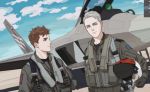  2boys ace_combat ace_combat_04 ace_combat_7 aircraft airplane blue_eyes blue_sky brown_hair clouds cockpit emblem f-22_raptor fighter_jet grey_eyes holding jet looking_at_another looking_at_viewer lowres md5_mismatch military military_vehicle mobius_1 multiple_boys patch pilot pilot_helmet pilot_suit resolution_mismatch silver_hair sky skyleranderton source_larger trigger_(ace_combat) 
