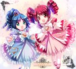  2girls :d bangs blue_dress blue_footwear blue_hair commentary_request dated dress drill_hair eyebrows_visible_through_hair fine frilled_dress frills fushigiboshi_no_futago_hime green_eyes holding_hands interlocked_fingers long_sleeves looking_at_viewer multiple_girls open_mouth pantyhose pink_dress red_eyes red_footwear redhead rein sakurano_tsuyu shoes signature sleeves_past_wrists smile tiara twin_drills twintails white_legwear wide_sleeves 