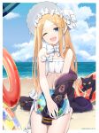  1girl abigail_williams_(fate/grand_order) abigail_williams_(swimsuit_foreigner)_(fate) absurdres ball bangs bare_shoulders beach beachball bikini black_cat black_jacket blonde_hair blue_eyes blush bonnet bow breasts cat fate/grand_order fate_(series) forehead hair_bow highres innertube jacket long_hair looking_at_viewer makise_medaka miniskirt ocean off_shoulder one_eye_closed open_clothes open_jacket open_mouth parted_bangs seiza shore sidelocks sitting skirt small_breasts smile swimsuit thighs twintails very_long_hair white_bikini white_bow white_headwear 