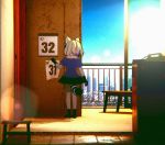  1girl 7u_naby animal_ears apartment arai-san_mansion blue_sky calendar_(object) commentary_request common_raccoon_(kemono_friends) from_behind fur_collar glass_door gloves grey_hair highres holding holding_paper kemono_friends paper raccoon_ears raccoon_tail railing short_hair skirt sky skyline solo stool sunlight table tail 