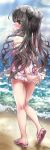  1girl absurdres arms_behind_back ass back bangs bare_shoulders beach black_hair blue_sky blush breasts chunyan closed_mouth double_bun dress_swimsuit facial_mark fate/grand_order fate_(series) forehead_mark full_body highres legs long_hair looking_at_viewer looking_back multicolored_hair ocean parted_bangs pink_hair pink_swimsuit sandals sesshouin_kiara sesshouin_kiara_(lily) shore sky small_breasts smile streaked_hair swimsuit wavy_hair yellow_eyes 