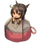  1girl bag black_gloves black_hair blush_stickers chibi commentary_request elbow_gloves fingerless_gloves gloves headgear kantai_collection kasumi_(skchkko) long_hair minigirl nagato_(kantai_collection) oversized_object parted_lips red_eyes satchel simple_background solo white_background 