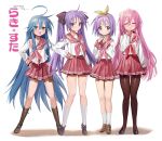  4girls absurdres ahoge artist_name black_legwear blue_eyes blush commentary dated eyebrows_visible_through_hair freng glasses hair_between_eyes hair_ribbon hairband hands_on_hips highres hiiragi_kagami hiiragi_tsukasa huge_filesize izumi_konata long_hair looking_at_viewer lucky_star mole mole_under_eye multiple_girls open_mouth pantyhose pink_hair pink_neckwear purple_hair ribbon ryouou_school_uniform school_uniform serafuku shoes short_hair siblings signature sisters skirt sleeves_past_wrists smile socks sweatdrop takara_miyuki tareme translation_request tsurime twins twintails very_long_hair white_background white_legwear 