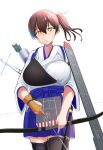  1girl absurdres arrow_(projectile) black_legwear blue_hakama bow_(weapon) breasts brown_eyes brown_hair cowboy_shot flight_deck gloves hakama hakama_skirt highres holding holding_bow_(weapon) holding_weapon japanese_clothes kaga_(kantai_collection) kantai_collection large_breasts long_hair muneate partly_fingerless_gloves remodel_(kantai_collection) short_sidetail side_ponytail simple_background single_glove solo standing tasuki thigh-highs user_wkgs2522 weapon white_background yugake yumi_(bow) 