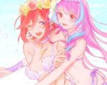  2girls bikini blue_eyes bouncing_breasts breasts choker floating_hair highres hoshiya kaname_buccaneer long_hair looking_back macross macross_delta medium_breasts midriff mikumo_guynemer multiple_girls navel open_mouth purple_hair red_eyes redhead short_hair smile swimsuit very_long_hair yuri 