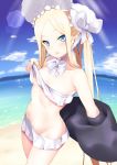  1girl abigail_williams_(fate/grand_order) abigail_williams_(swimsuit_foreigner)_(fate) absurdres bangs bare_shoulders bikini blonde_hair blue_eyes bonnet bow breasts daive fate/grand_order fate_(series) forehead hair_bow highres long_hair miniskirt navel parted_bangs sidelocks skirt small_breasts swimsuit twintails very_long_hair white_bikini white_bow white_headwear 