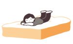  ambiguous_gender bread closed_eyes dot_nose facing_viewer food head_rest hirasawa_minami in_food legs_up lowres lying on_stomach original oversized_food oversized_object pants short_hair simple_background solo toast white_background 