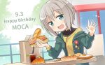  1girl :d aoba_moca artist_request baguette bang_dream! bangs blue_eyes bob_cut bread commentary_request cup drinking_straw eyebrows_visible_through_hair food green_jacket grey_hair ham happy_birthday highres jacket lettuce official_art open_mouth outdoors railing sandwich shiny shiny_hair shirt shirt_under_jacket short_hair smile sunny_side_up_egg tomato yellow_shirt 