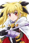  1girl bangs black_bow black_gloves blonde_hair bow cape closed_mouth fate_testarossa floating_hair gloves hair_bow highres holding holding_polearm holding_weapon long_hair lyrical_nanoha polearm red_eyes sharumon shiny shiny_hair simple_background smile solo twintails very_long_hair weapon white_background white_cape 