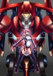  1girl baldr_sky black_legwear breasts brown_eyes gradient gradient_background grey_background looking_at_viewer mecha medium_breasts nagisa_chinatsu pink_hair puru_(manatsu) simple_background standing thigh-highs 