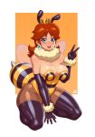  1girl absurdres alternate_costume antennae bee bee_girl black_gloves blue_eyes breasts brown_hair bug crown elbow_gloves fluff fur_trim gloves hand_on_floor highres insect insect_girl insect_wings kneeling large_breasts leotard super_mario_bros. princess_daisy rizdraws smile stinger thick_thighs thighs v wings yellow_leotard 