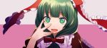  1girl :d bangs cheat-nu dress eyebrows_visible_through_hair frilled_ribbon frills front_ponytail green_eyes green_hair hair_ribbon kagiyama_hina open_mouth red_dress ribbon smile touhou two-tone_background 