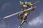  clouds flying gun highres holding holding_gun holding_weapon joints ksenolog looking_ahead mecha no_humans original robot_joints sky solo visor weapon 