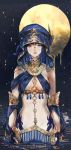  1girl astrologian_(final_fantasy) au_ra bare_shoulders blue_eyes blue_hair blue_headwear closed_mouth commission final_fantasy final_fantasy_xiv gem horns medium_hair melting moon nightmare-kck original partially_submerged reflection skeb_commission solo standing star_(sky) water yellow_moon 