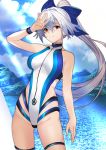  1girl absurdres bangs blue_bow blue_sky blue_swimsuit blush bow breasts fate/grand_order fate_(series) hair_between_eyes hair_bow highleg highleg_swimsuit highres lake large_breasts long_hair looking_at_viewer one-piece_swimsuit ponytail red_eyes silver_hair sky smile sunlight swimsuit thigh_strap thighs tnr_(horiko1525) tomoe_gozen_(fate/grand_order) tomoe_gozen_(swimsuit_saber)_(fate) two-tone_swimsuit white_swimsuit 