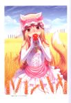  1girl 2017 absurdres animal_ears blue_sky breasts bridal_veil brown_hair closed_mouth clouds collarbone day dress elbow_gloves fang fang_out flower food fruit gloves hair_flower hair_ornament highres holding holding_food holding_fruit holo koume_keito layered_dress long_hair official_art outdoors red_apple red_flower scan shiny shiny_hair sky sleeveless sleeveless_dress small_breasts smile solo spice_and_wolf standing straight_hair strapless strapless_dress tail veil very_long_hair wedding_dress wheat_field white_dress white_gloves wolf_ears wolf_girl wolf_tail 