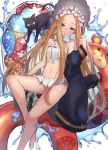  1girl abigail_williams_(fate/grand_order) abigail_williams_(swimsuit_foreigner)_(fate) absurdres bangs bare_shoulders bikini black_cat blonde_hair blue_eyes bonnet bow braid breasts cat fate/grand_order fate_(series) forehead hair_bow hair_rings highres huge_filesize innertube legs long_hair looking_at_viewer lordol miniskirt navel open_mouth parted_bangs sidelocks skirt small_breasts swimsuit twin_braids twintails very_long_hair water white_background white_bikini white_bow white_headwear 
