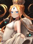  1girl abigail_williams_(fate/grand_order) abigail_williams_(swimsuit_foreigner)_(fate) bangs bare_shoulders black_background blonde_hair blue_eyes blush braid braided_bun breasts covered_navel creature double_bun dress_swimsuit fate/grand_order fate_(series) forehead highres long_hair looking_at_viewer mitre open_mouth parted_bangs sidelocks small_breasts soramame_pikuto swimsuit twintails very_long_hair white_headwear white_swimsuit 