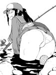  1girl ass baseball_cap blush fishing_rod glasses greyscale hat highres houkago_teibou_nisshi monochrome onsen_tamago_(hs_egg) oono_makoto opaque_glasses panties partially_submerged ponytail school_uniform serafuku skirt skirt_lift solo underwear wet 