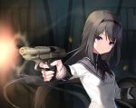  1girl absurdres akemi_homura black_hair breasts collared_shirt finger_on_trigger firing floating_hair gun hairband handgun highres holding holding_gun holding_weapon long_hair looking_at_viewer mahou_shoujo_madoka_magica motion_blur parted_lips pistol shell_casing shirt shovelwell small_breasts solo upper_body violet_eyes weapon white_shirt wing_collar 