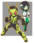  1boy 1girl aqua_eyes black_hair chibi clenched_hands fighting_stance hands_together humagear_headphones is_(kamen_rider_01) kamen_rider kamen_rider_01_(series) kamen_rider_zero-one king_of_unlucky red_eyes short_hair tokusatsu 