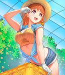  1girl :d a1 bangs blue_shirt bow braid commentary_request cowboy_shot crop_top denim denim_shorts eyebrows_visible_through_hair food fruit gloves greenhouse hat leaning_forward looking_away looking_to_the_side love_live! love_live!_sunshine!! mandarin_orange midriff open_mouth orange_hair raised_eyebrows red_eyes shirt short_hair short_shorts short_sleeves shorts side_braid smile straw_hat summer sun_hat sweat sweaty_clothes takami_chika tied_shirt upper_teeth wet wet_clothes wet_shirt white_gloves yellow_bow 