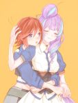  2girls :o blue_eyes breasts closed_eyes drill_hair hair_bun hand_on_another&#039;s_head hoshiya hug hug_from_behind kaname_buccaneer light_smile long_hair macross macross_delta medium_breasts mikumo_guynemer multiple_girls open_mouth purple_hair redhead very_long_hair yellow_background yuri 