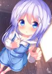  1girl :o apron bangs blue_apron blue_eyes blue_hair blurry blurry_background blush chinomaron commentary_request depth_of_field dutch_angle eyebrows_visible_through_hair feeding food from_above gochuumon_wa_usagi_desu_ka? hair_between_eyes hands_up highres holding holding_food hood hood_down hoodie indoors kafuu_chino long_hair long_sleeves looking_at_viewer looking_up parted_lips pink_footwear signature slippers solo standing very_long_hair white_hoodie wooden_floor 