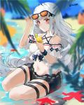  1girl absurdres adjusting_eyewear ahoge arknights bangs bare_shoulders beach black_shorts blue_sky blurry blurry_background blurry_foreground blush chromatic_aberration commentary cup drinking_glass eyewear_on_head food fruit hand_up highres holding holding_cup lemon lemon_slice leucip long_hair looking_at_viewer midriff navel no_hat no_headwear ocean off-shoulder_shirt off_shoulder orange-tinted_eyewear palm_leaf parted_lips red_eyes revision shirt short_shorts short_sleeves shorts silver_hair simple_background sitting skadi_(arknights) sky solo stomach sunglasses sweat thigh_strap thighs very_long_hair white_background white_shirt yokozuwari 