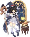  1girl ash_arms black_hair chair collarbone full_body gloves hat jacket lantern navel official_art ribbon short_hair smile solo staff thigh-highs transparent_background white_gloves witch_hat yellow_eyes 