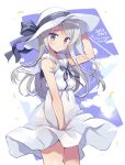  1girl blush buttons closed_mouth clouds collarbone cowboy_shot dated dress eyebrows_visible_through_hair hat kantai_collection long_hair odawara_hakone purple_neckwear sagiri_(kantai_collection) silver_hair sleeveless sleeveless_dress smile solo twitter_username violet_eyes white_dress white_headwear 