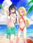  2girls ;) arm_up ball bangs bare_shoulders beach beachball bikini black_hair blonde_hair blue_eyes blue_sky breasts clouds collarbone commentary day eyebrows_visible_through_hair frenda_seivelun grin groin hand_up highres long_hair looking_at_another medium_breasts multiple_girls navel nose_(oekaki1825) one_eye_closed outdoors parted_bangs red_bikini sarong saten_ruiko sky sling_bikini_top small_breasts smile starfish swimsuit to_aru_kagaku_no_railgun to_aru_majutsu_no_index violet_eyes water white_bikini 