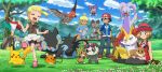 2boys 2girls :d ahoge ash_ketchum bare_arms baseball_cap bike_shorts black_hair blonde_hair blue_eyes blue_jacket blue_jumpsuit bonnie_(pokemon) braixen brown_shirt bunnelby chespin clemont_(pokemon) clenched_hands closed_eyes clouds cup day dedenne eevee flower frogadier gen_1_pokemon gen_4_pokemon gen_6_pokemon glasses goodra grass happy hat hawlucha highres jacket jumpsuit light_brown_hair luxray multiple_boys multiple_girls noibat on_lap open_mouth outdoors pancham pikachu pink_footwear pink_headwear pokemoa pokemon pokemon_(anime) pokemon_(creature) pokemon_on_lap pokemon_xy_(anime) rock serena_(pokemon) shiny shiny_hair shirt shoes short_sleeves skirt sky sleeveless sleeveless_shirt smile stick table talonflame teapot tongue tree white_skirt 