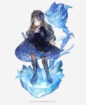  1girl 2019 aqua_eyes bangs beads black_dress blue_dress blue_eyes blue_footwear blue_headwear blue_ribbon boots brown_hair cross-laced_footwear crystal dongbackbyul dress english_commentary full_body gem highres holding holding_weapon ice jewelry knee_boots kneehighs long_hair long_sleeves looking_at_viewer original petticoat puffy_long_sleeves puffy_sleeves ribbon ring simple_background solo standing weapon white_background 