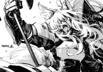  1girl animal_ears arknights axe blood blood_on_face breastplate character_name headset long_hair monochrome nearl_(arknights) sasami_(ki) screaming tail 