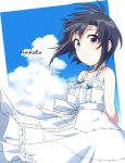  1girl arms_behind_back bare_shoulders black_hair blue_sky blush character_name closed_mouth clouds day dress highres idolmaster idolmaster_(classic) jewelry kikuchi_makoto looking_at_viewer necklace outdoors short_hair sky sleeveless smile solo tahara_emu upper_body violet_eyes white_dress 