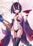  1girl absurdres bangs bare_shoulders bob_cut breasts collarbone cup eyeliner fate/grand_order fate_(series) headpiece highres horns japanese_clothes kimono kirin_king long_sleeves looking_at_viewer makeup navel off_shoulder oni oni_horns open_clothes open_kimono open_mouth purple_hair purple_kimono revealing_clothes sakazuki short_hair shuten_douji_(fate/grand_order) skin-covered_horns small_breasts smile sword thighs violet_eyes weapon wide_sleeves 