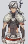  1boy armor black_eyes black_hair bra closed_mouth covered_navel eyebrows_visible_through_hair eyes_visible_through_hair gauntlets grey_background grey_bra grey_hair hair_between_eyes highres male_focus multicolored multicolored_hair nightmare-kck original pauldrons shoulder_armor simple_background sketch solo sword turtleneck underwear weapon weapon_on_back 